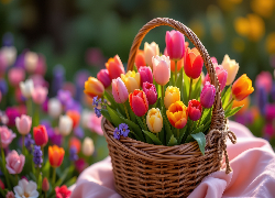 Kwiaty, Tulipany, Kolorowe, Koszyk, Wiklinowy