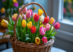 Kwiaty, Kolorowe, Tulipany, Koszyk