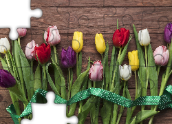 Kolorowe, Tulipany, Wstążka, Deski