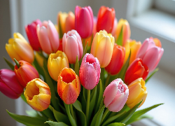 Kolorowe, Tulipany, Zielone, Listki