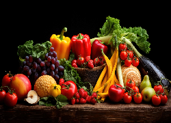 Warzywa, Owoce, Kosz, Papryka, Winogrona, Truskawki, Gruszki, Melon, Pomidory, Bakłażan, Czarne, Tło