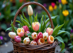 Kolorowe, Tulipany, Wiklinowy, Koszyk