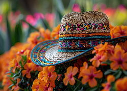 Kapelusz, Słomkowy, Sombrero, Kwiaty, Różowy