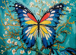 Grafika, Motyl, Gałązki, Kwiaty