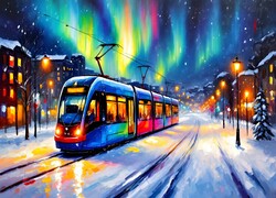 Zorze polarna, Tramwaj, Domy, Latarnie, Śnieg, Zima