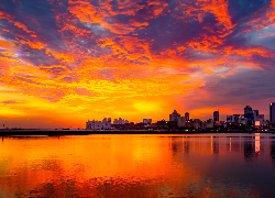 Zachód słońca, Kolorowe, Niebo, Cieśnina Johor, Miasto, Singapur