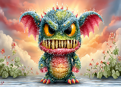 Kolorowy, Stworek, Duże, Zęby, Oczy, Grafika AI