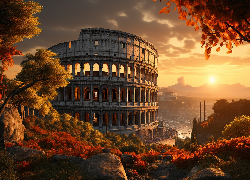 Amfiteatr, Koloseum, Ruiny, Zachód słońca, Grafika, Drzewa