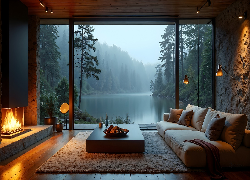 Salon, Kominek, Kanapa, Okno, Widok, Rzeka, Las
