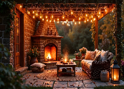 Dom, Taras, Kominek, Lampki, Stół, Sofa, Latarnia