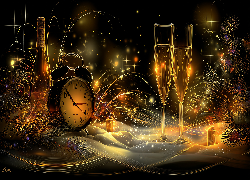 Zegar, Kieliszki, Szampan, Nowy Rok, Grafika AI