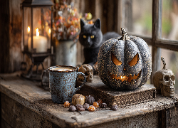 Dynia, Kubek, Czaszka, Cukierki, Halloween, Grafika AI