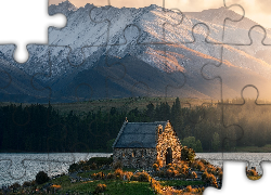Góry, Jezioro, Lake Tekapo, Kościół Dobrego Pasterza, Kępy, Trawy, Nowa Zelandia