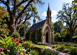 Kościół, Kwiaty, Drzewa, Grafika AI