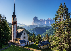 Włochy, Góry, Sassolungo, Dolomity, Kościół, Św Jakuba, Drzewa