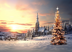 Zima, Kościół, Choinka, Domy, Drzewa, Boże Narodzenie