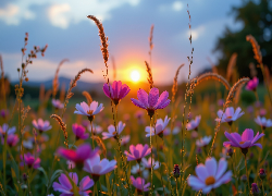 Łąka, Kosmea, Trawy, Zachód słońca, Grafika AI