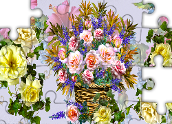 Kwiaty, Róże, Kosz, Grafika