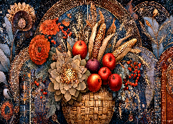 Kosz, Jabłka, Kwiaty, Grafika AI