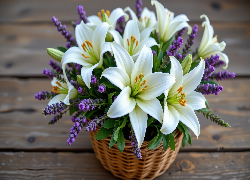 Kwiaty, Białe, Lilie, Lawenda, Bukiet, Koszyk, Grafika AI