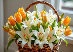 Kwiaty, Żółte, Tulipany, Białe, Lilie Kosz