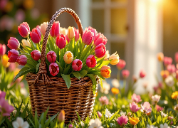 Kwiaty, Czerwone, Żółte, Tulipany, Koszyk