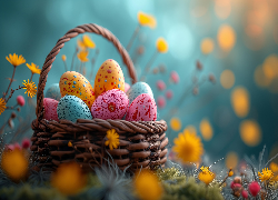 Wielkanoc, Pisanki, Koszyk, Kwiaty, Rozmyte tło