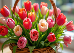 Kolorowe, Kwiaty, Tulipany, Koszyk