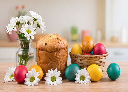 Wielkanoc, Kolorowe, Pisanki, Koszyk, Babka, Kwiaty, Białe, Margerytki