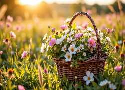 Różowe, Białe, Kwiaty, Wiklinowy, Koszyk, Trawa