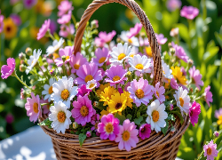 Rozświetlone, Kolorowe, Kwiaty, Wiklinowy, Koszyk