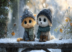 Kot, Pies, Czapki, Ubranka, Ławka, Zima, Grafika AI