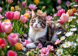 Leżący, Kot, Kwiaty, Tulipany