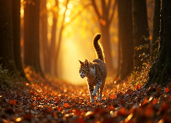 Kot, Las, Ścieżka, Jesień, Grafika AI