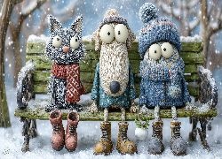 Pies, Kot, Ludzik, Ławka, Zima, Grafika AI