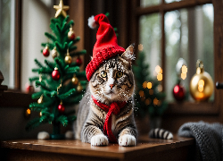 Kot, Czerwona, Czapka, Szalik, Stół, Choinka, AI