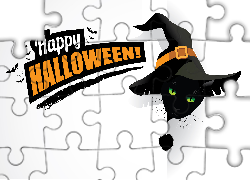 Halloween, Kot, Czarny, Kapelusz, Napis, Happy Halloween, Grafika