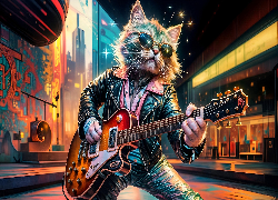 Kot, Okulary, Gitara, Skórzana, Kurtka, Grafika