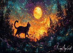 Kot, Kwiaty, Drzewa, Księżyc