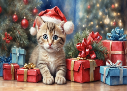 Boże Narodzenie, Kot, Prezenty, Choinka, 2D