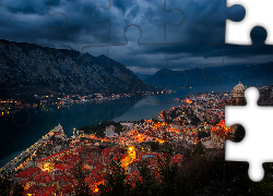 Miasto Kotor, Czarnogóra, Zatoka Kotorska, Morze, Noc, Góry, Oświetlone, Domy