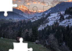 Góry, Alpy, Drzewa, Domy, Śnieg, Gmina Arzl im Pitztal, Austria