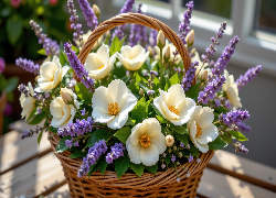 Kwiaty, Kremowe, Fioletowe, Koszyk