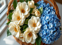 Kwiaty, Kamelie, Hortensje, Niebieskie, Koszyk, AI