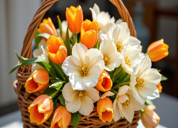 Kwiaty, Pomarańczowe, Tulipany, Kremowe, Kamelie, Wiklinowy, Koszyk