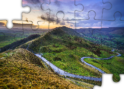 Wzgórza, Wzgórze Mam Tor, Kręta, Droga, Niebo, Chmury, Wyżyna Peak District, Derbyshire, Anglia