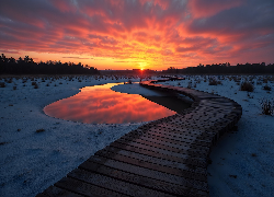 Zima, Jezioro, Pomost, Zachód słońca, AI