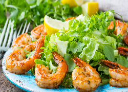 Sałata, Zielona, ​​Krewetki, Cytryna, Talerz Owoce morza