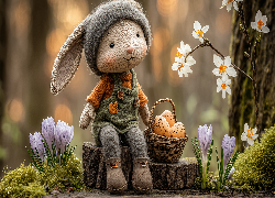 Wielkanoc, Króliczek, Ubranko, Koszyczek, Pisanki, Krokusy, Białe, Kwiaty, Grafika AI