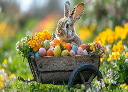 Wielkanoc, Królik, Pisanki, Kwiaty, Wózek, Drewniany, AI